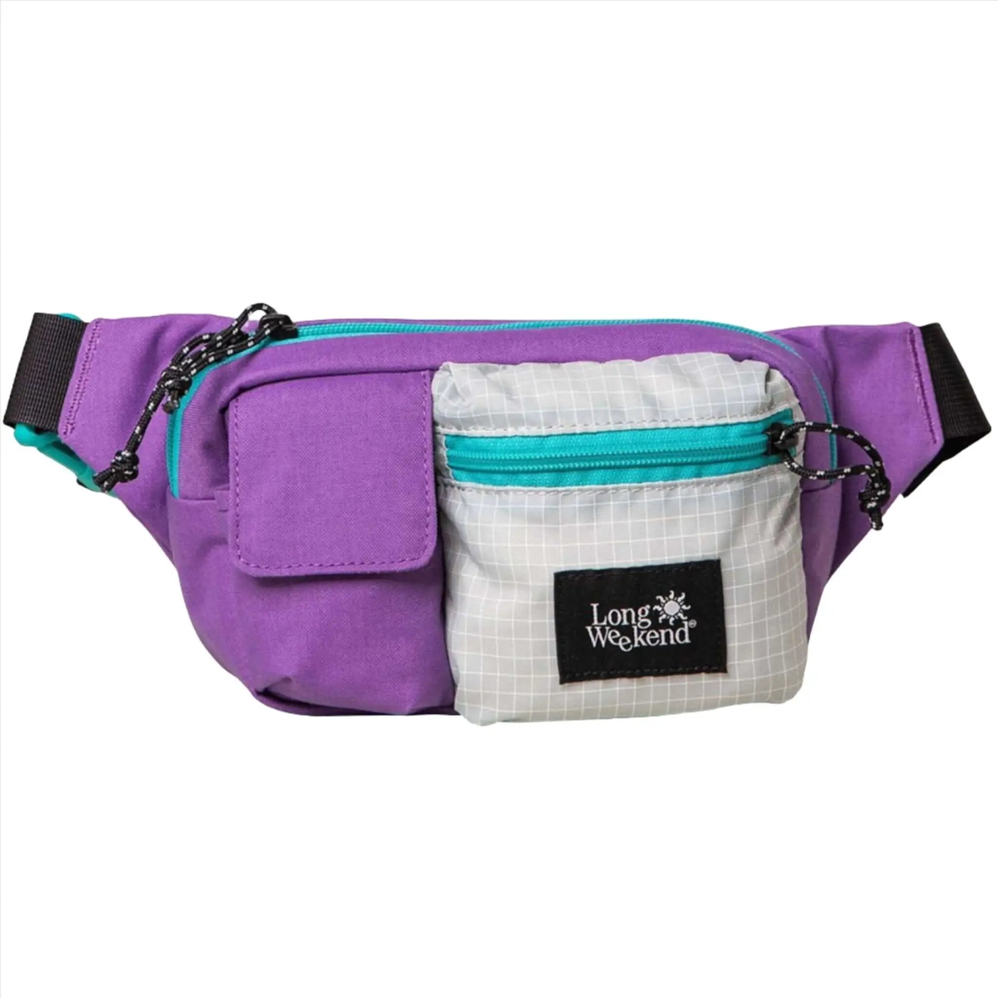 Purple and gray grid-patterned long weekend waist pack with teal zipper accents.