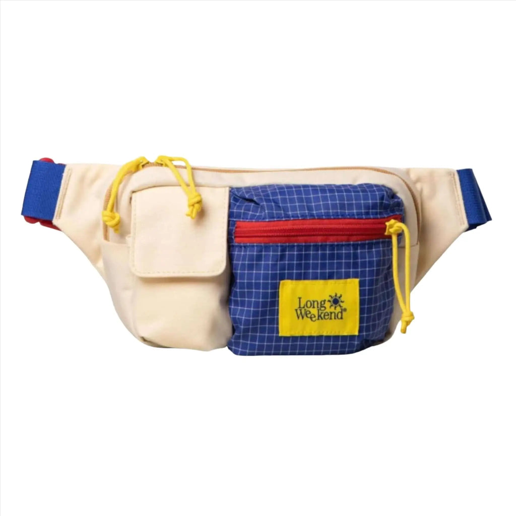 Beige and blue grid-patterned waist bag with yellow drawstrings, red zipper accents, and a ’long weekend’ brand patch.