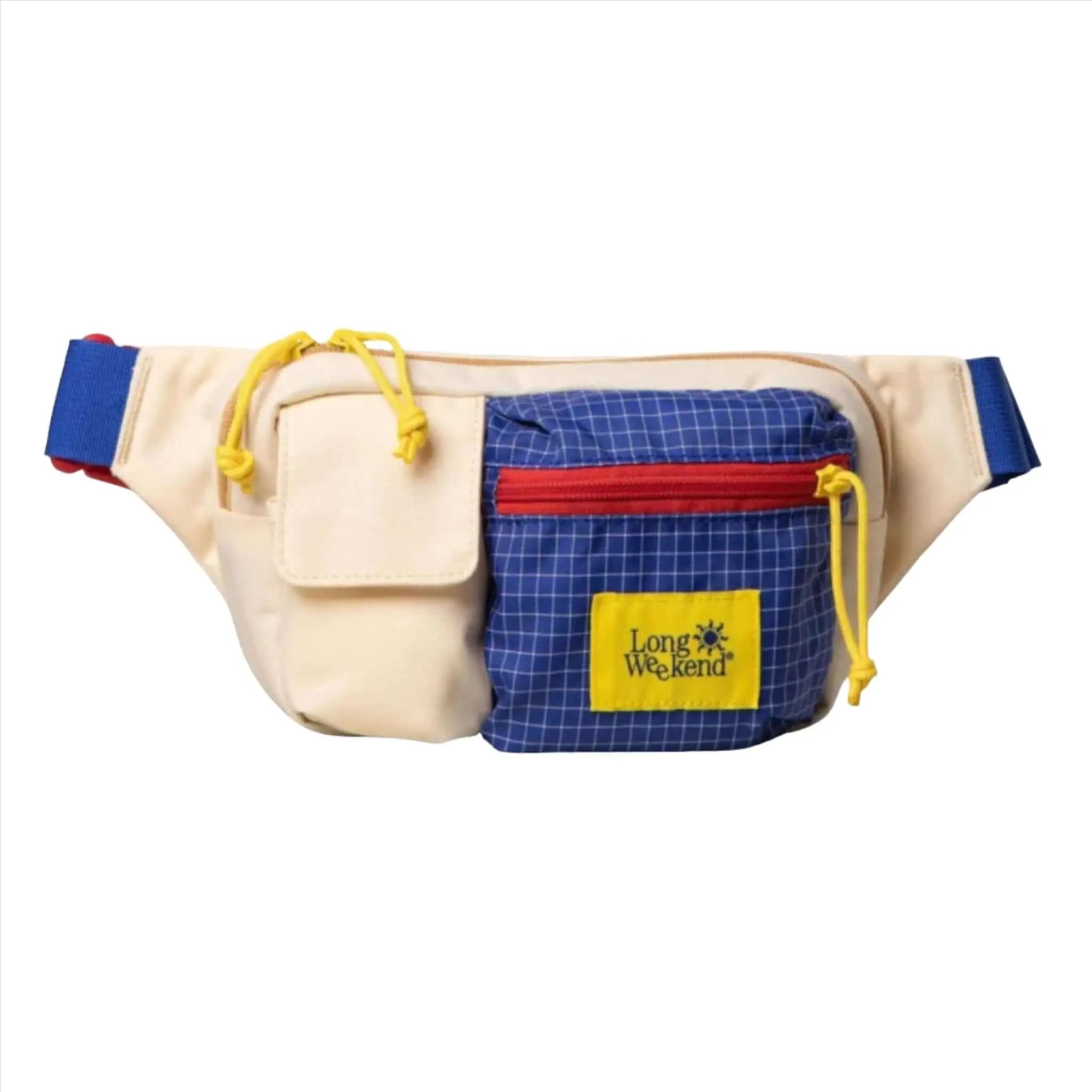Beige and blue grid-patterned waist bag with yellow drawstrings, red zipper accents, and a ’long weekend’ brand patch.