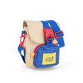 Beige canvas long weekend padded crossbody camera pouch with blue straps red buckles main compartment and slide pocket