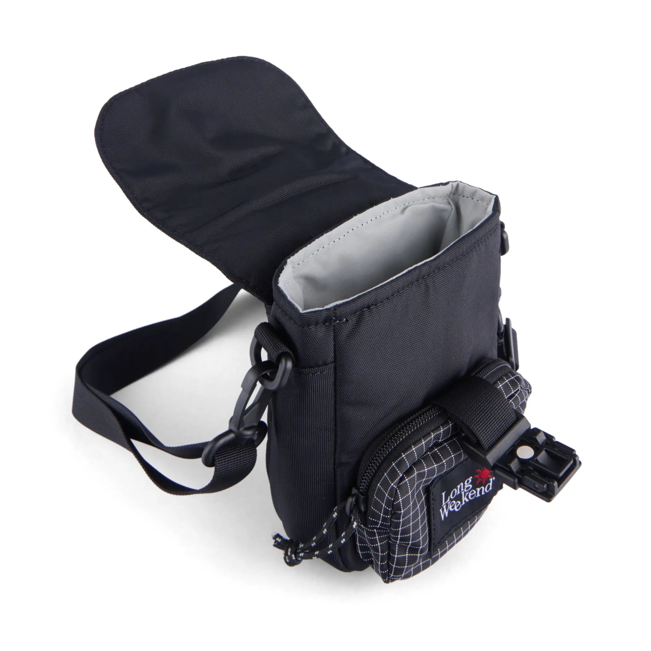 Black long weekend padded crossbody camera pouch with main compartment, grid-patterned slide pocket, and adjustable strap