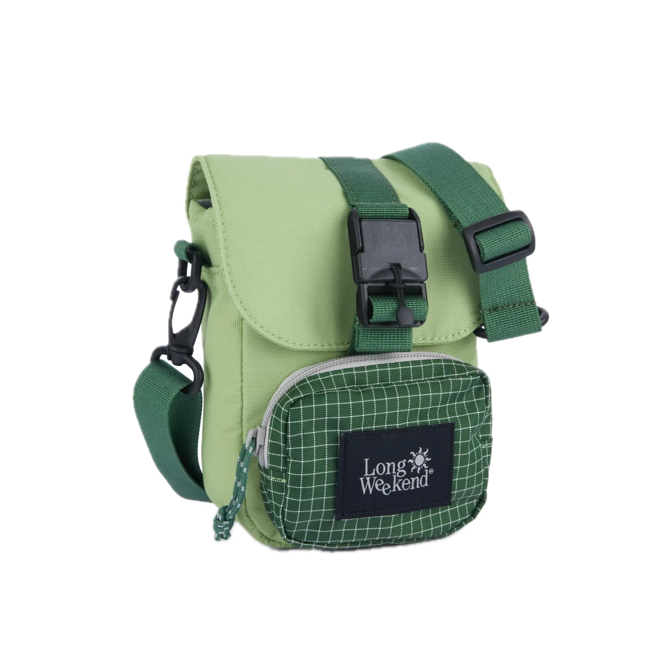 Light green canvas long weekend padded crossbody camera pouch with darker green grid slide pocket and black buckles