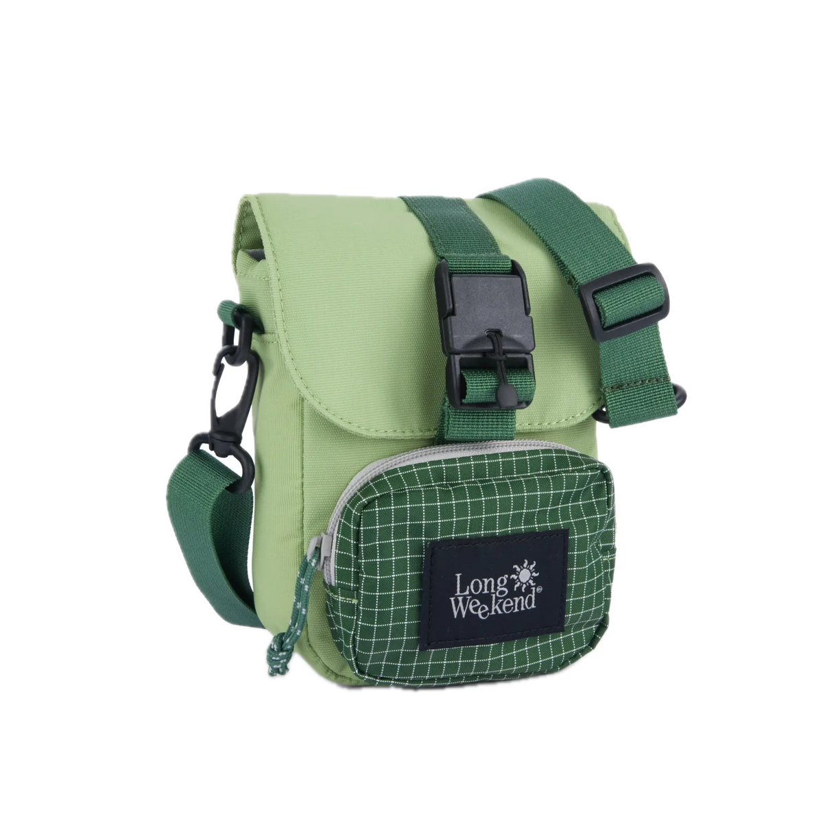 Light green canvas long weekend padded crossbody camera pouch with darker green grid slide pocket and black buckles
