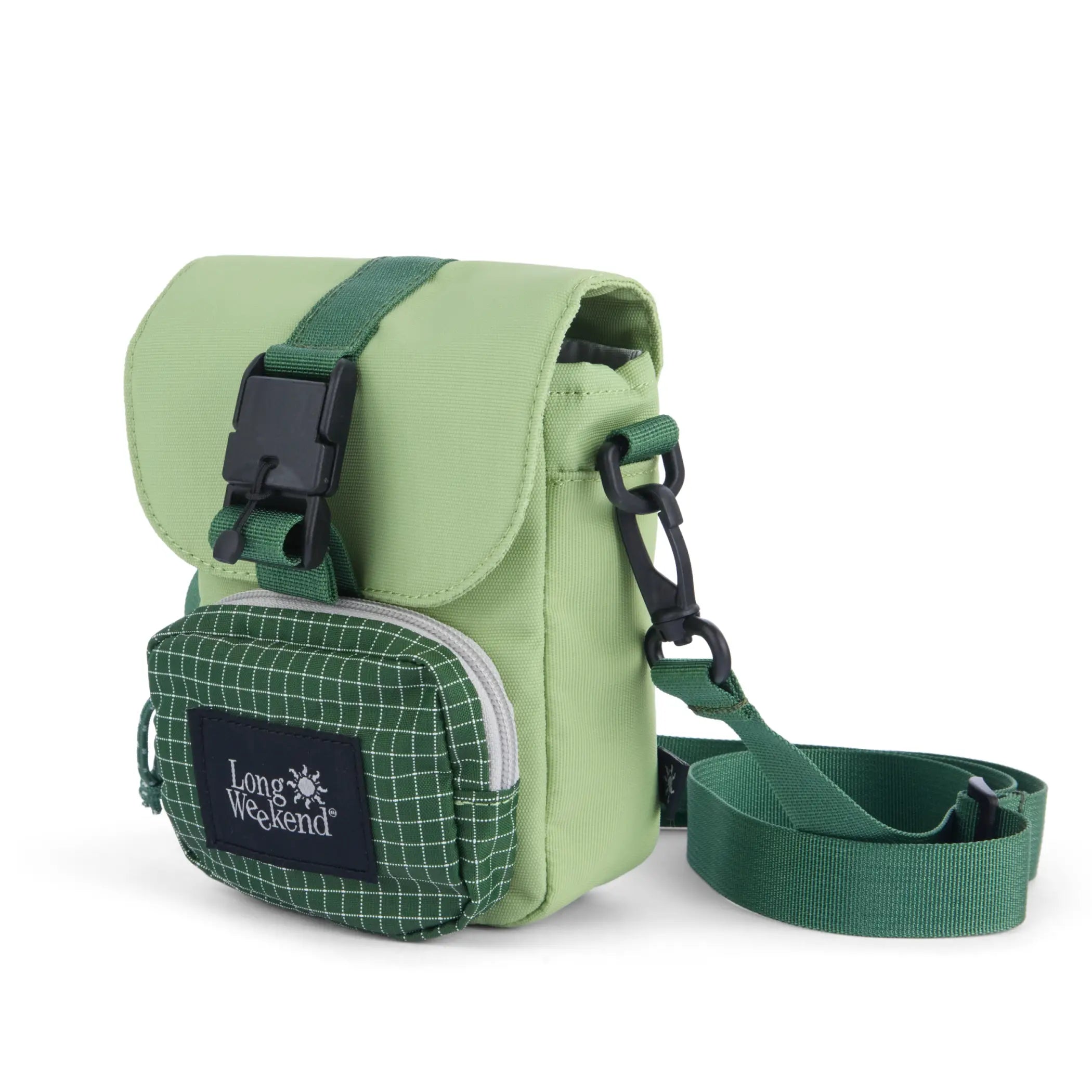 Light green canvas long weekend padded crossbody camera pouch with darker grid slide pocket and black buckle closure
