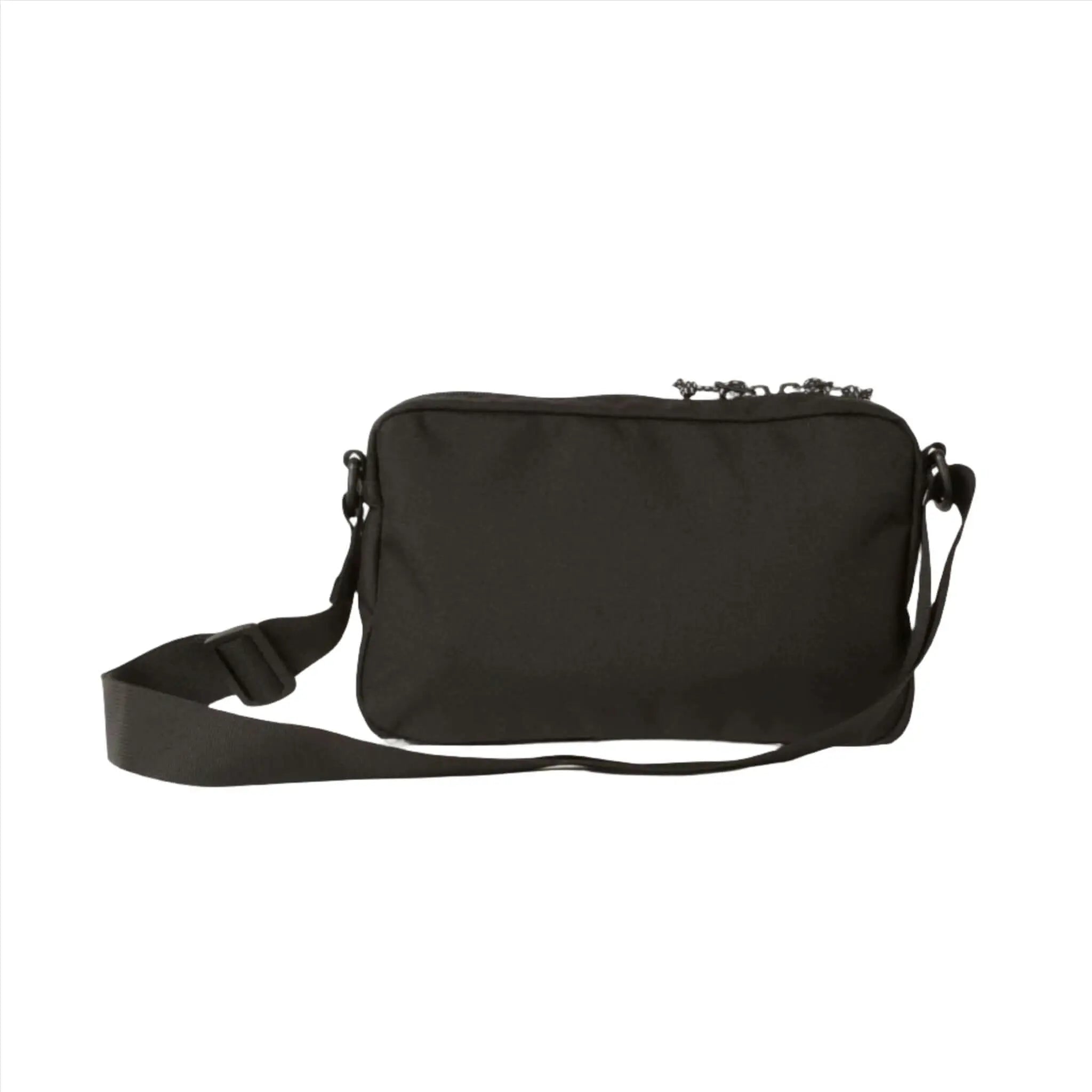 Black nylon crossbody bag with adjustable strap and zipper closure.
