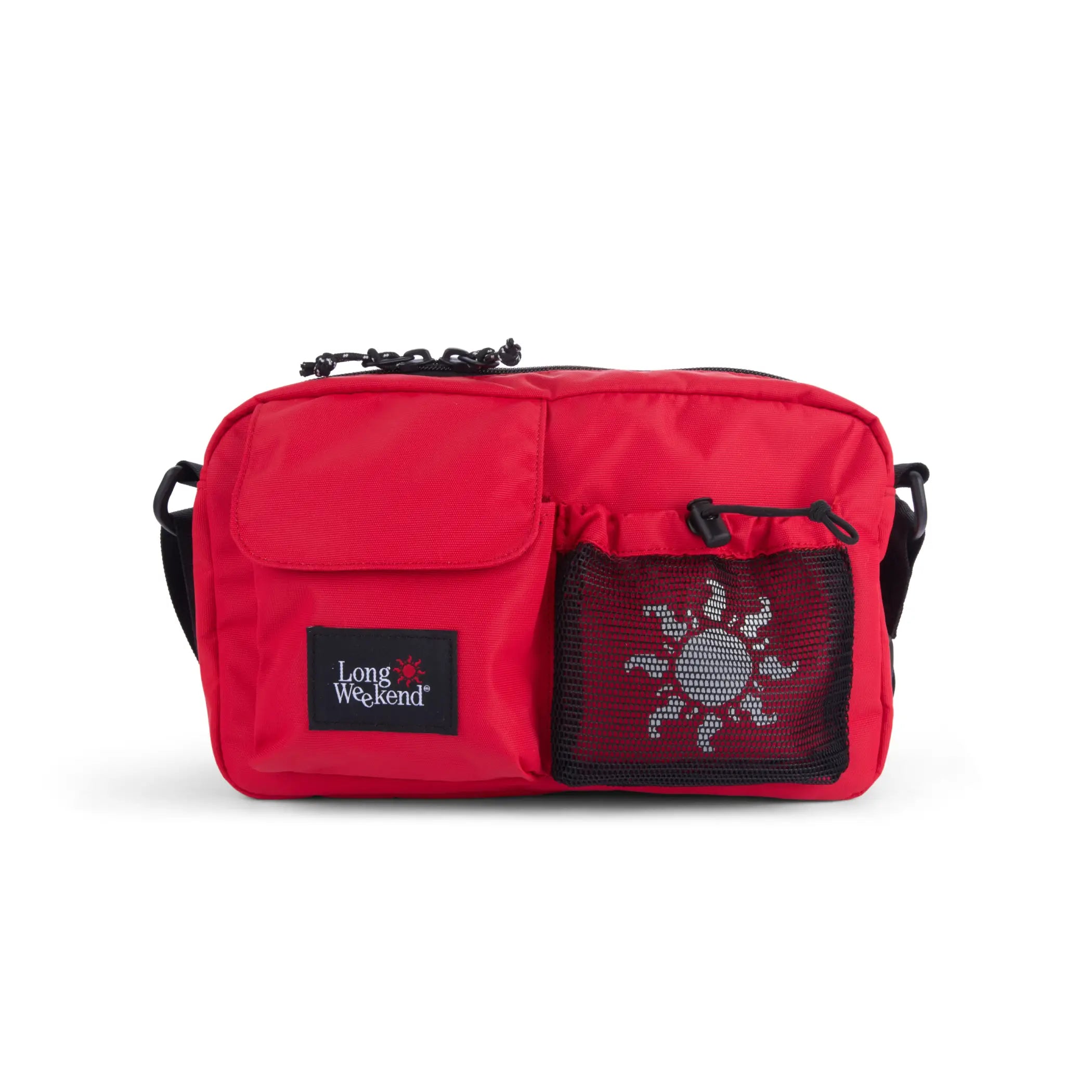 Red long weekend santa fe camera bag in chili red with black straps mesh pocket and weave nylon material