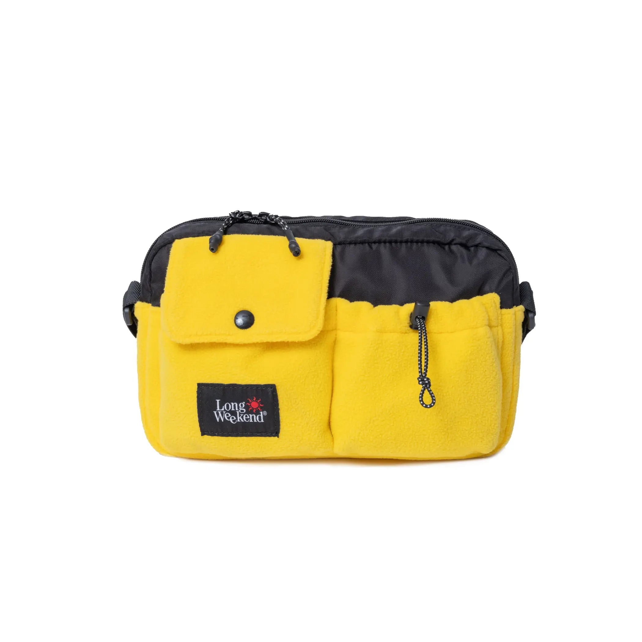 Bright yellow fleece long weekend santa fe camera shoulder bag with black accents and brand patch