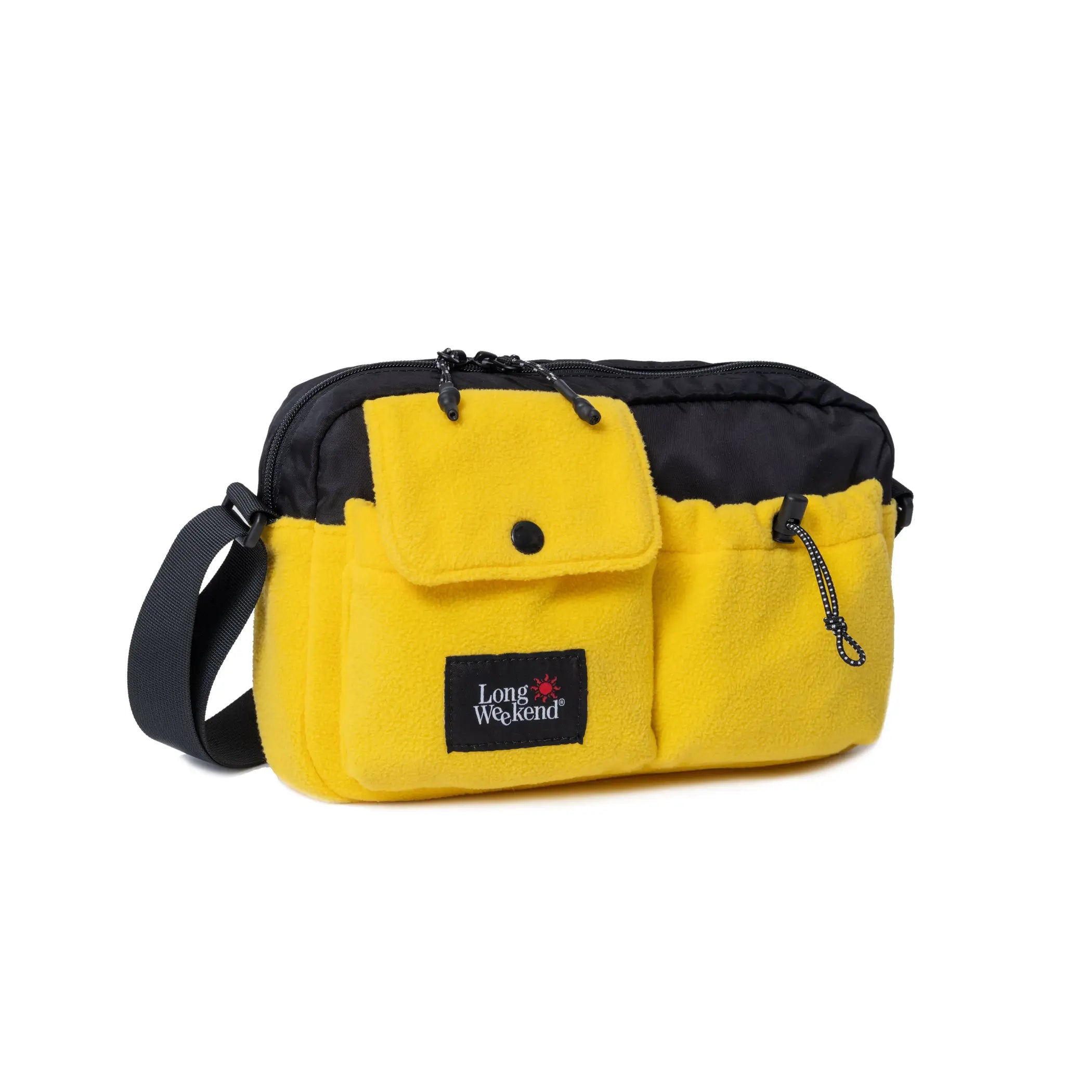 Bright yellow and black fleece santa fe camera bag with front flap pocket and long weekend label shoulder bag inspired