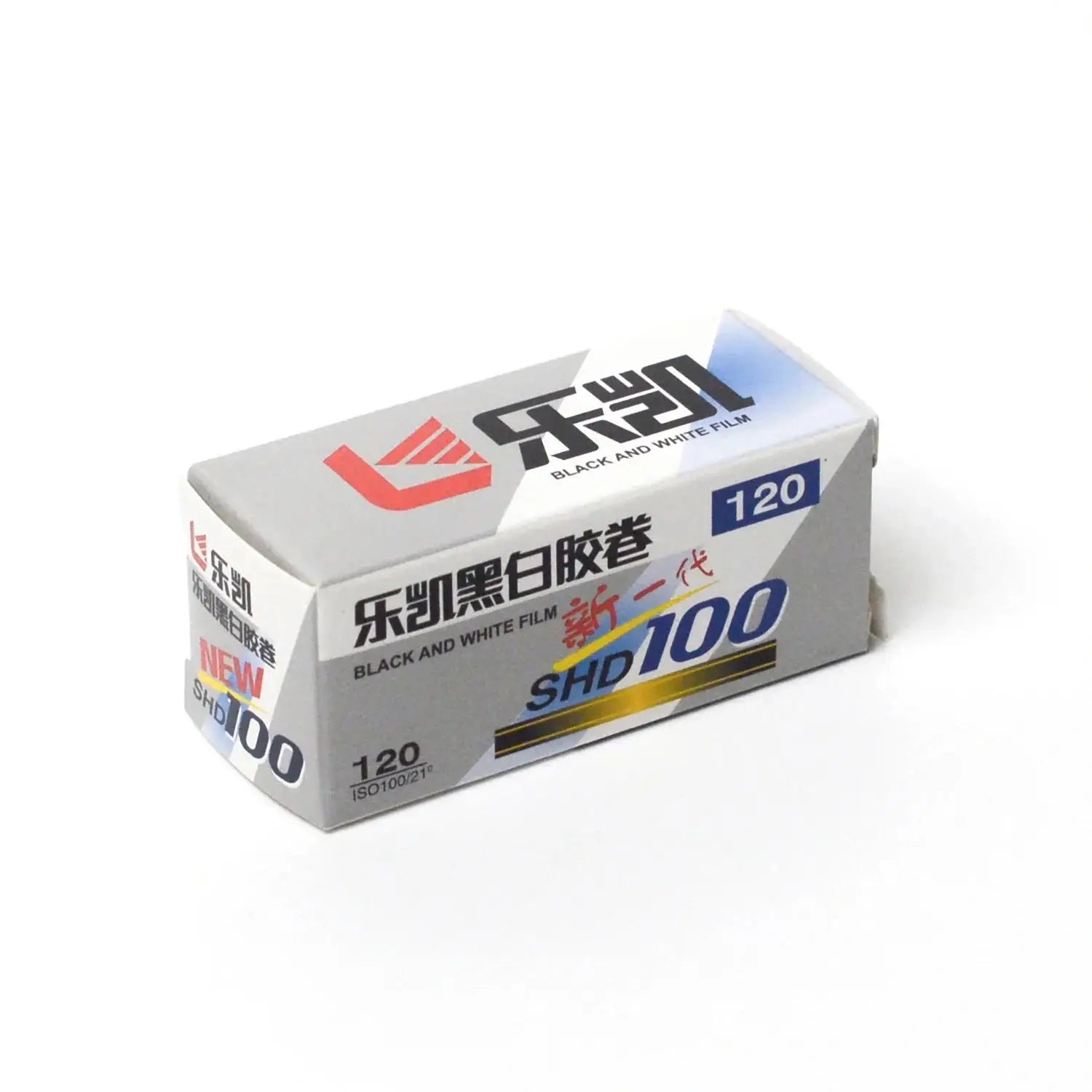 Silver and blue packaged black-and-white film box labeled ’shd100’’ with red branding.