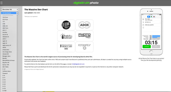 iPhone showing 03:15 dev chart with Ilford DDX icons for 35mm film stand development