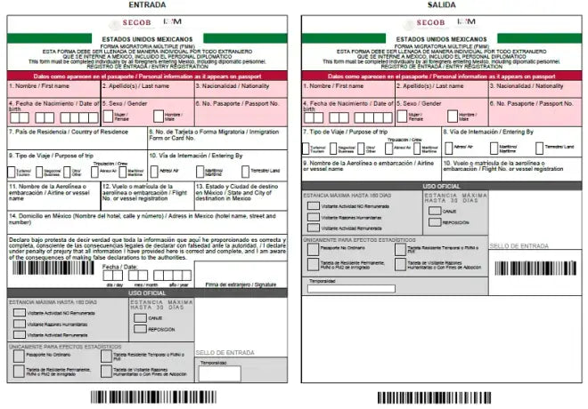 Mexican forma migratoria múltiple form with colorful sections for US travelers