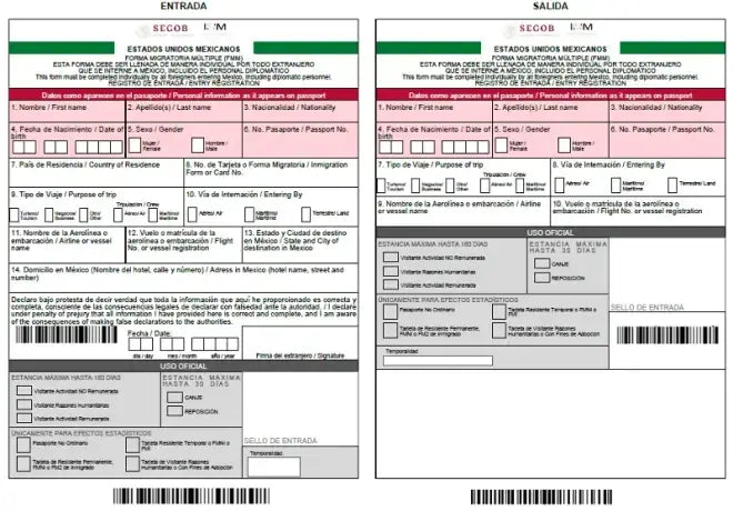 Mexican forma migratoria múltiple form with colorful sections for USA travelers