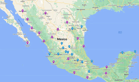 Map of Mexico with markers for distributing film photography products