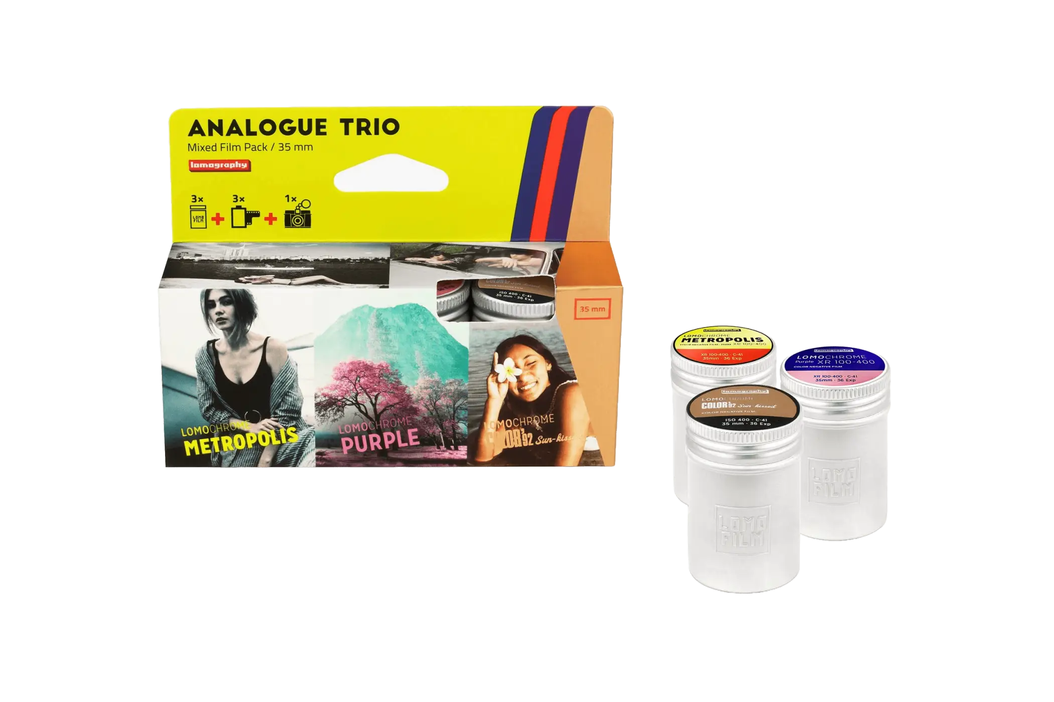 Lomo film pack in a vibrant yellow and orange box with three distinct 35mm film types: metropolis, purple, and noir.