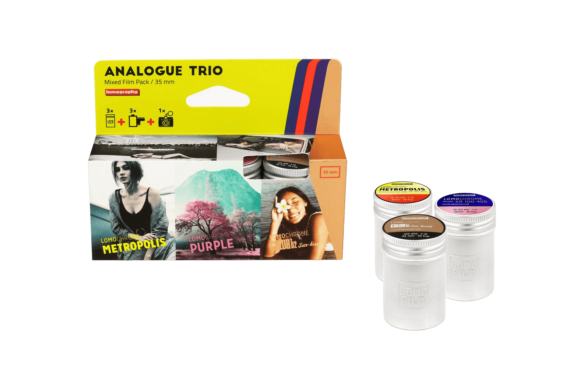 NEW Analogue Trio Mixed Film Pack 35mm - Metropolis, Turquoise, and Color '92 Sun-kissed in vibrant packaging with film canisters.