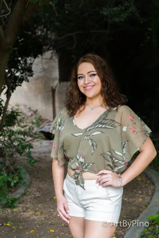 Olive green sheer blouse with leaf print for best seniors graduation