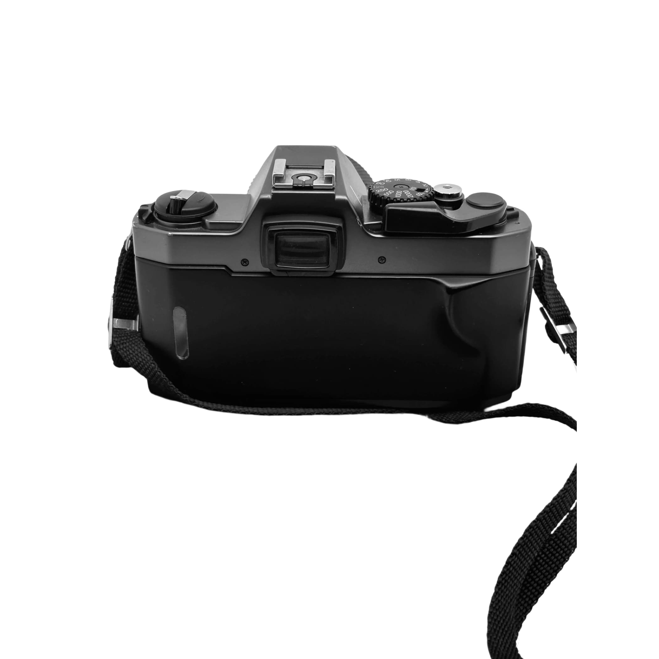 Black canon ae-1 film camera with a textured grip and attached strap.