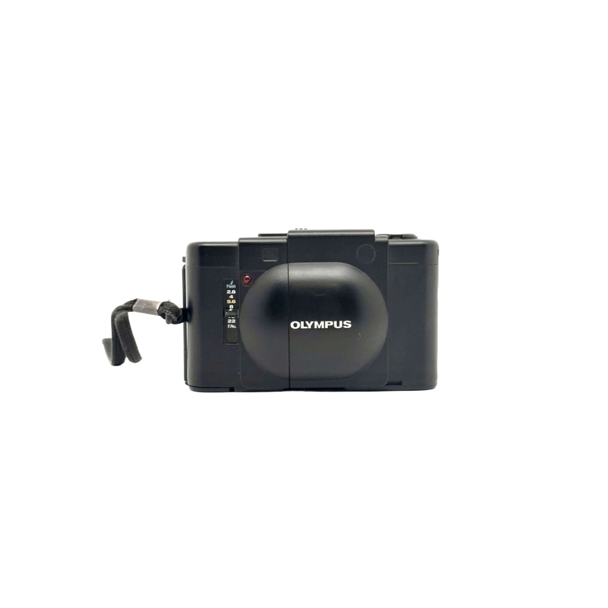 Black olympus digital camera with a rounded lens cover and a textured grip.