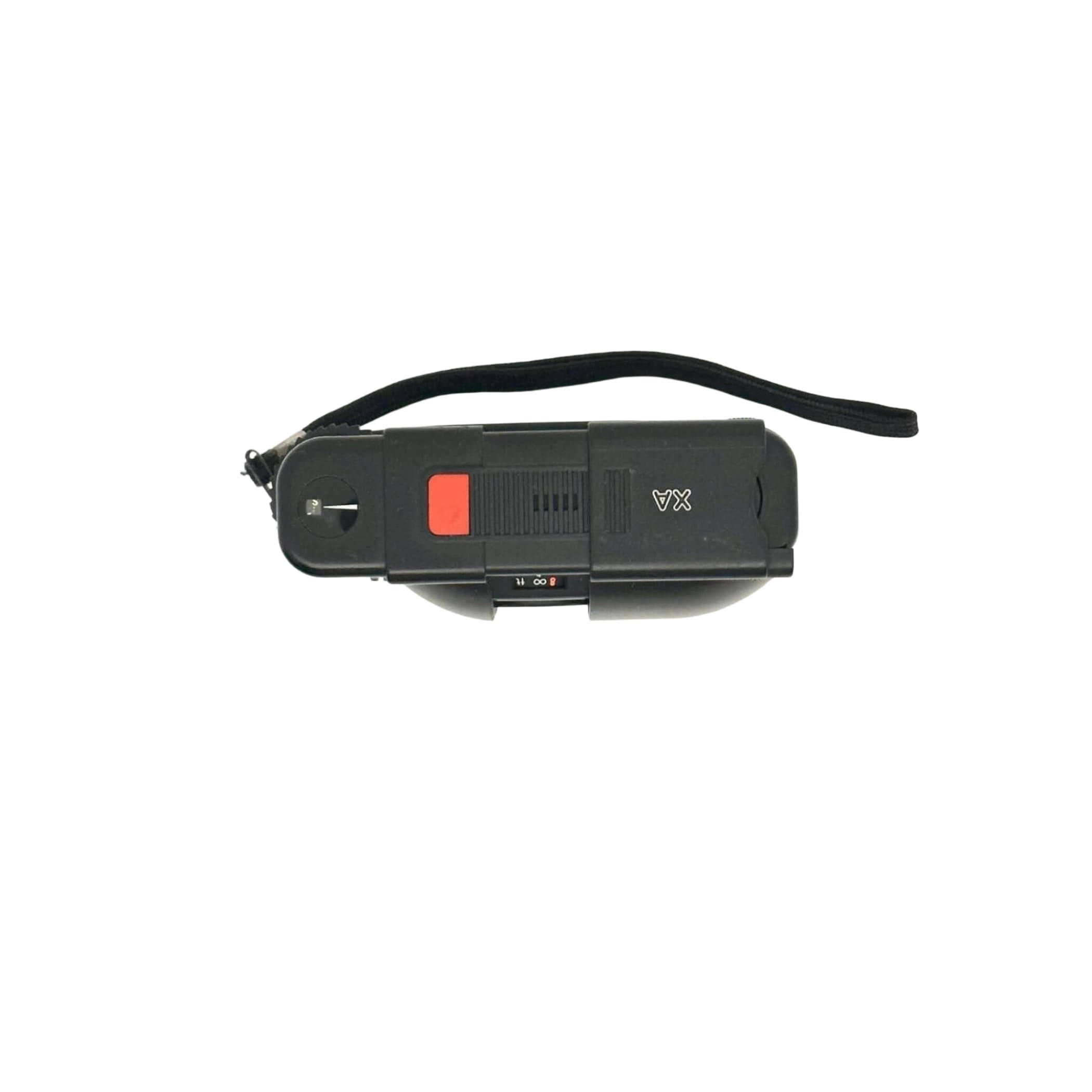 Black plastic handheld device with a red button and black wrist strap.