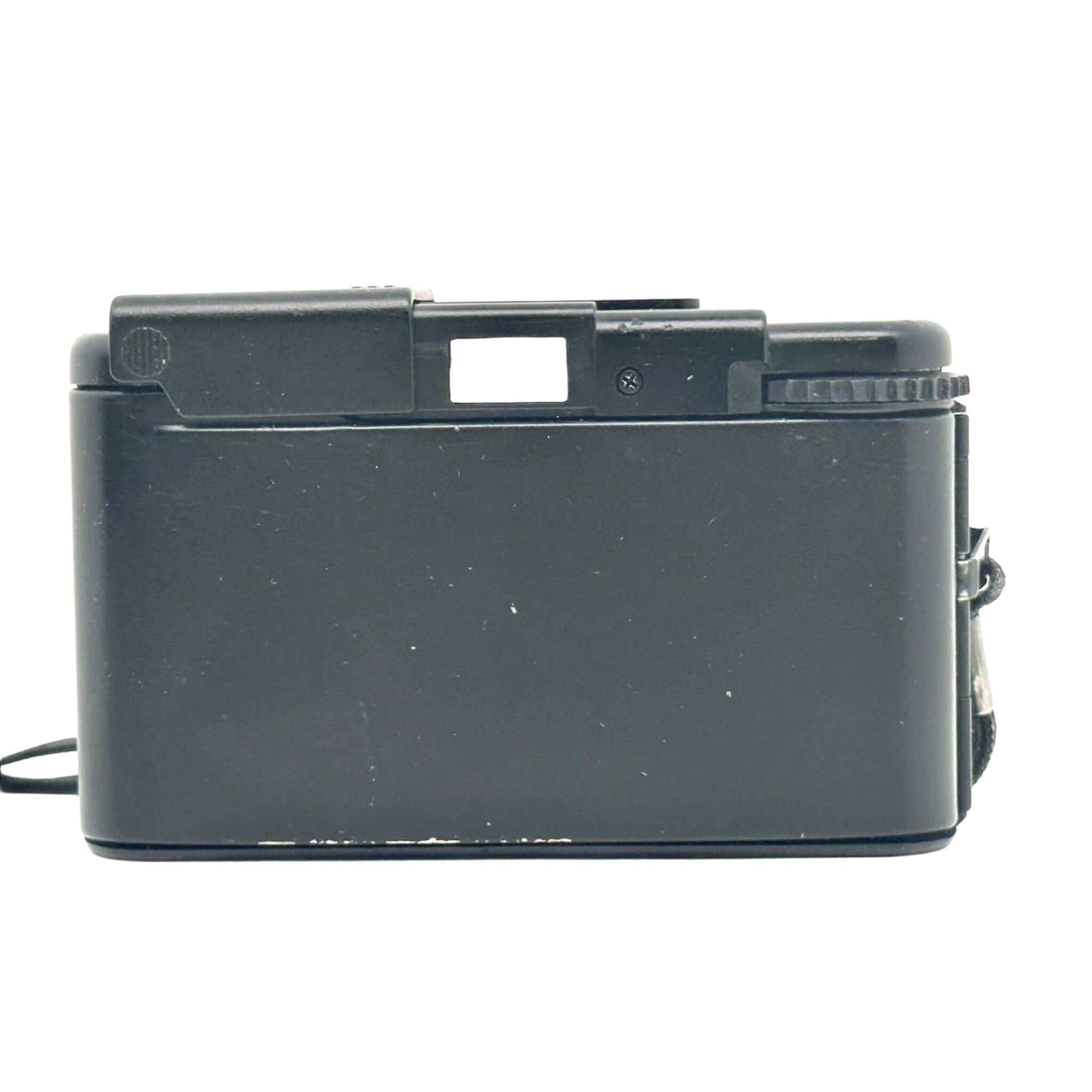 Black plastic compact camera with a textured grip and visible lens shutter mechanism.