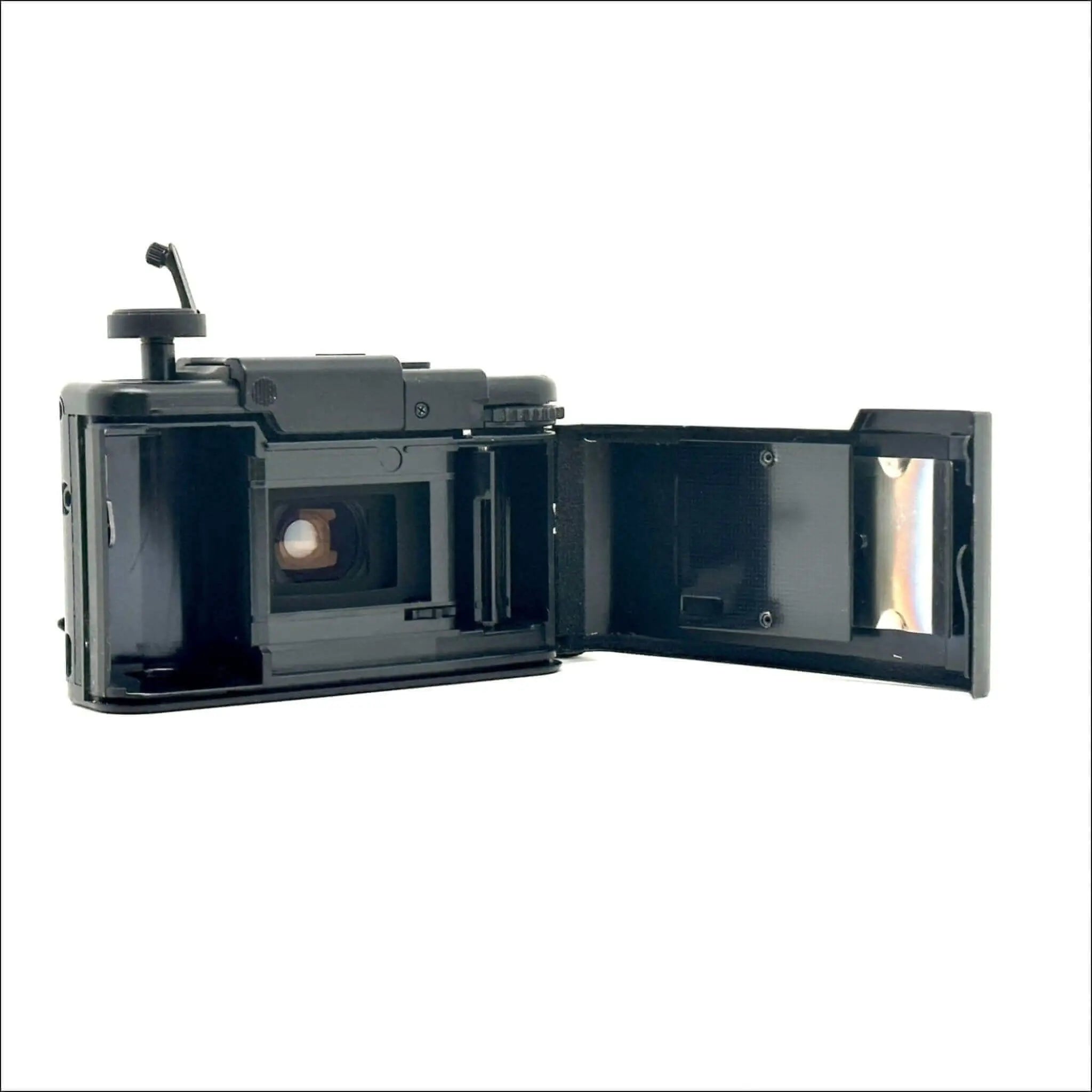 Black plastic rangefinder camera with hinged back open to reveal internal components