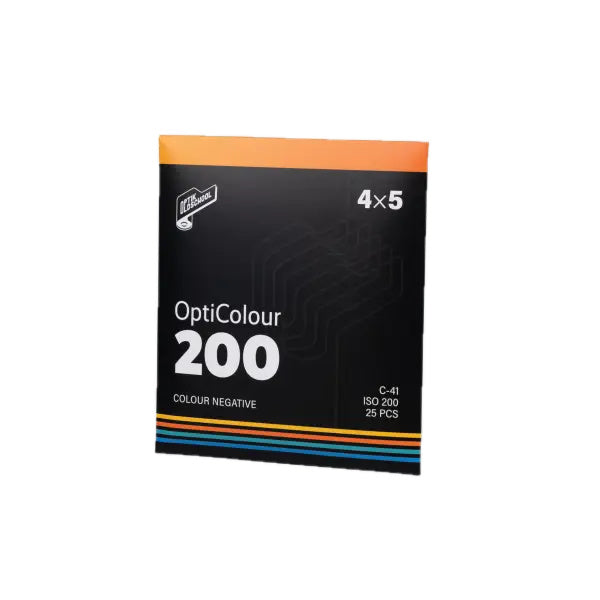 Black and orange optik oldschool opticolour 200 color negative film package with retro colorful stripes for 4x5 sheets