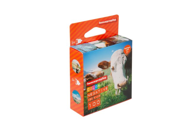 Orange-packaged Lomography Color Negative Film 100 ISO 35mm, 36 exp. with cow design at Lomography Store McAllen Texas