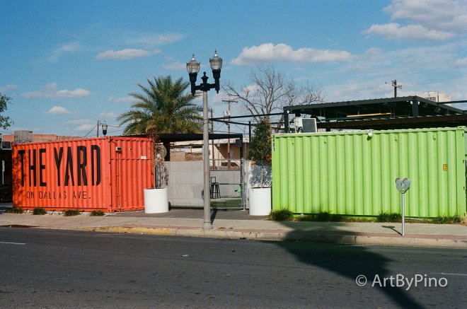 Orange shipping container in Texas view fullsize, The Yard on Dallas Ave.