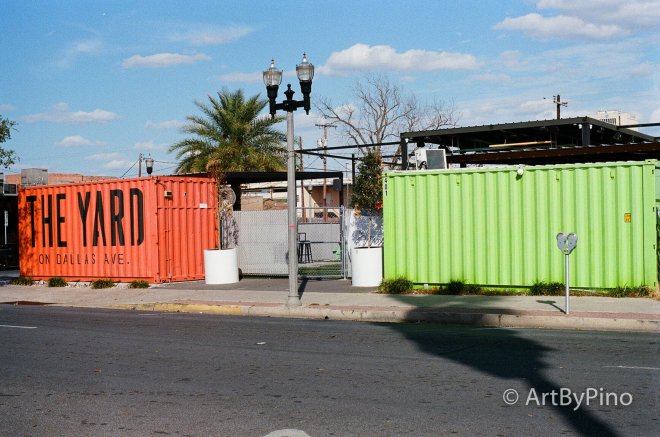 Orange shipping container with The Yard on Dallas Ave Texas view fullsize