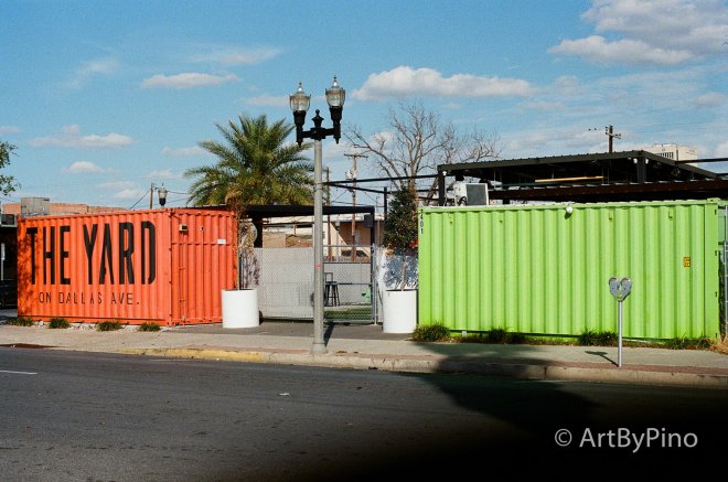 Orange shipping container in Texas view fullsize, The Yard on Dallas Ave