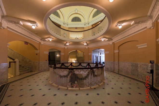 Ornate balustrade in Dancy Building atrium, Brownsville, Texas