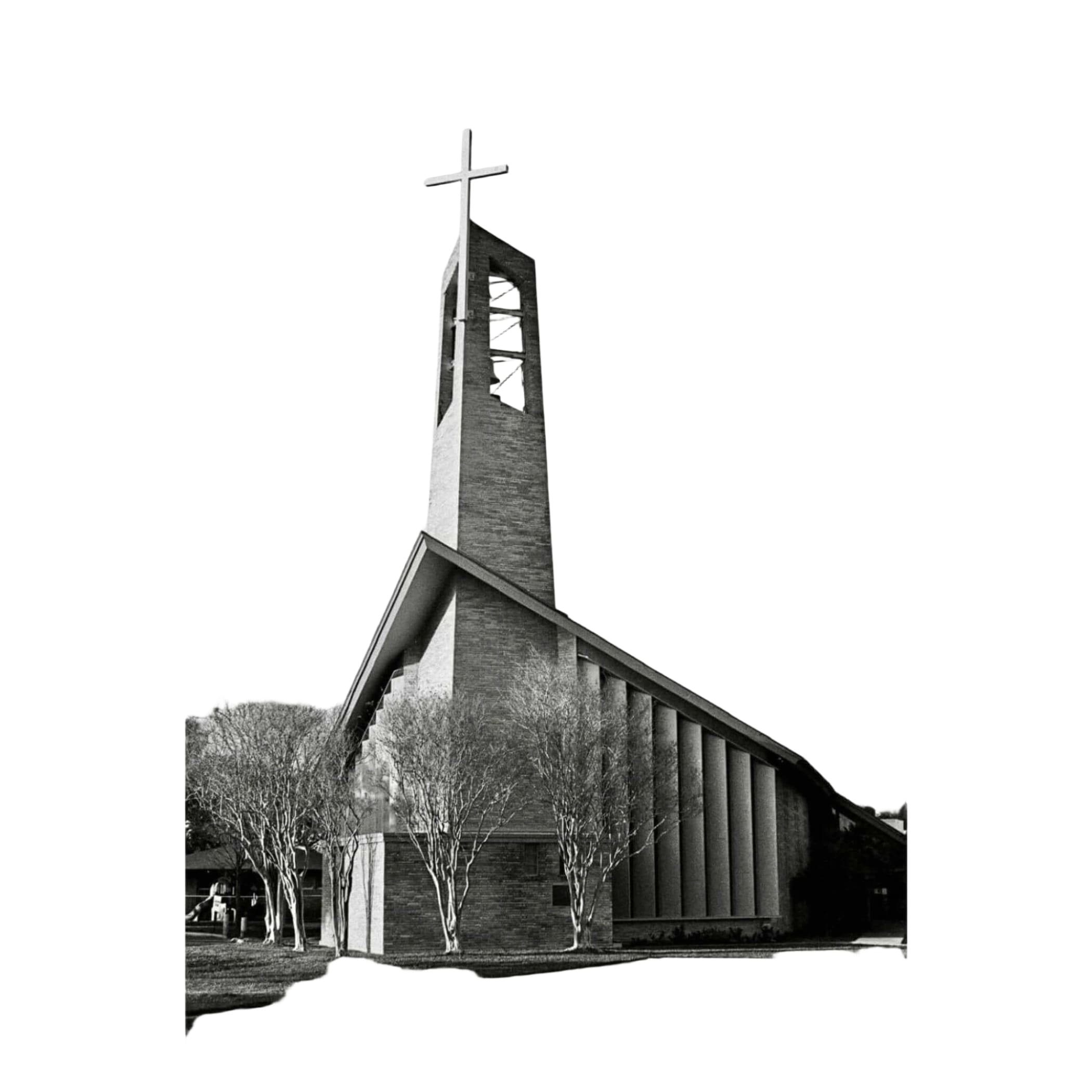 Modern brick church with a tall, angular bell tower topped by a cross.
