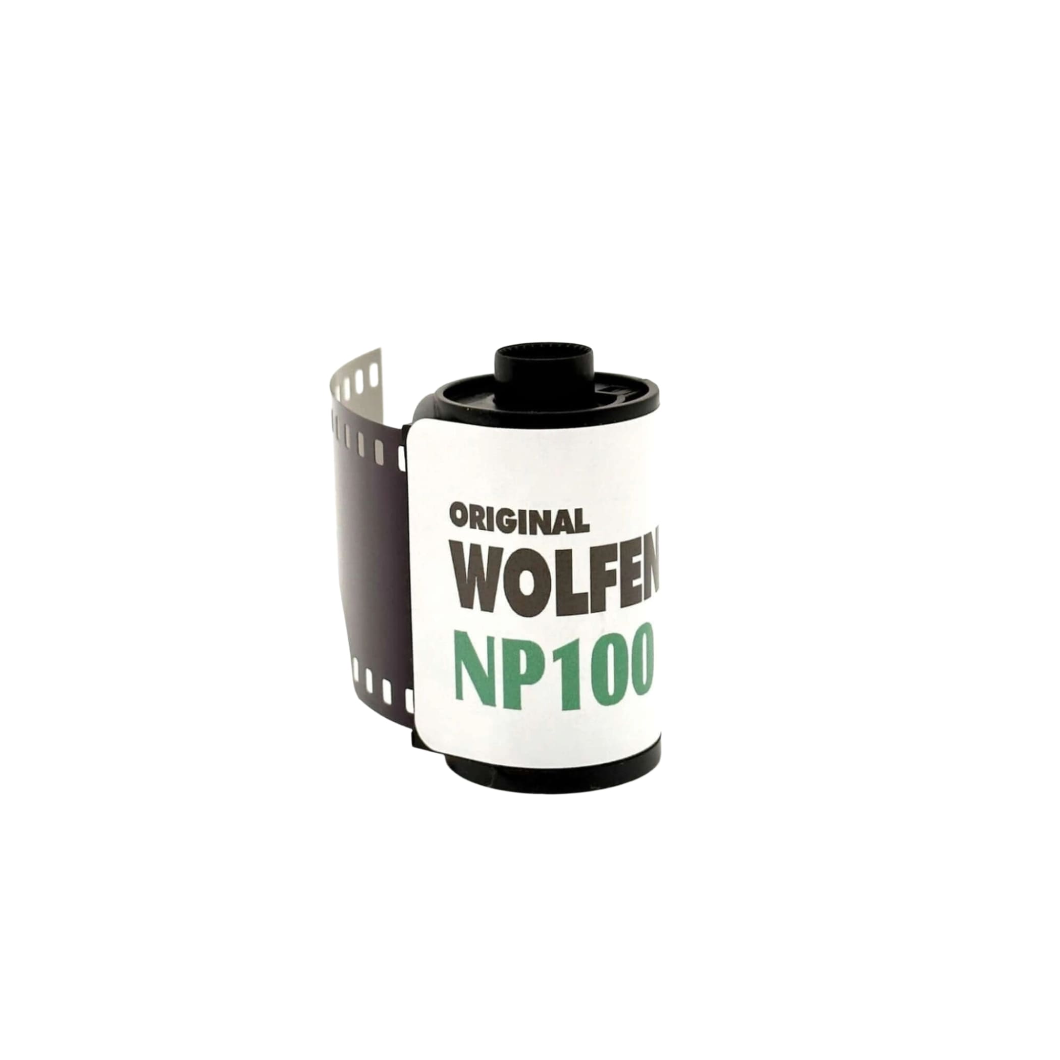 Original wolfen np100 film roll with a white label and green text, featuring black perforated edges.