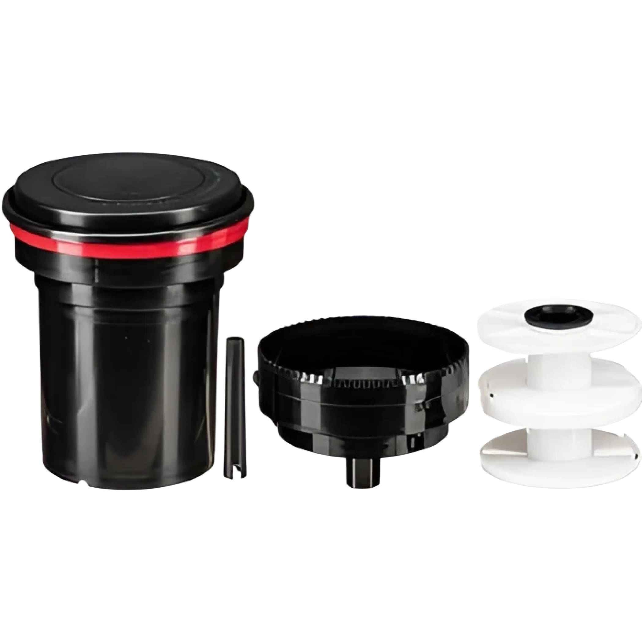 Black cylindrical camera lens hood with red accent ring and matching black mounting base.