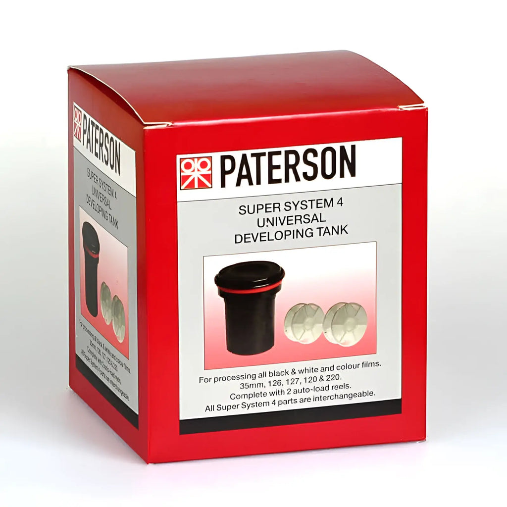 Red cardboard box for a paterson super system 4 universal developing tank.