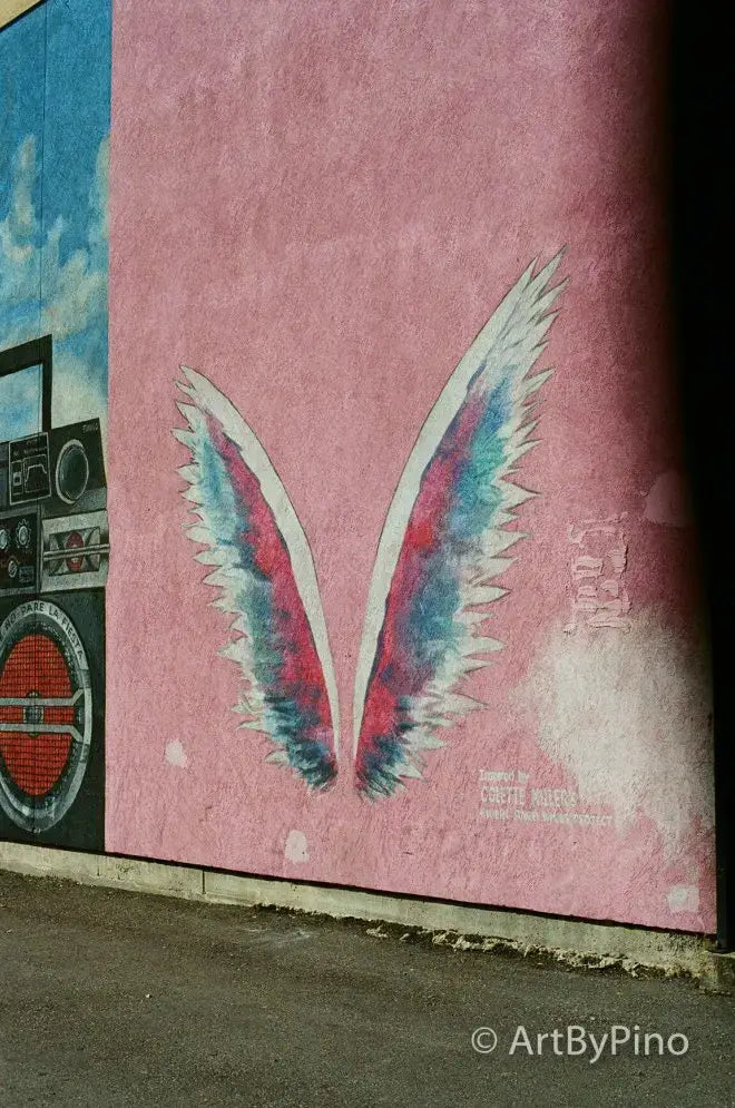 Pink feathered wings mural in Kiro 400 vs Kodak Ultramax 400 side-by-side view