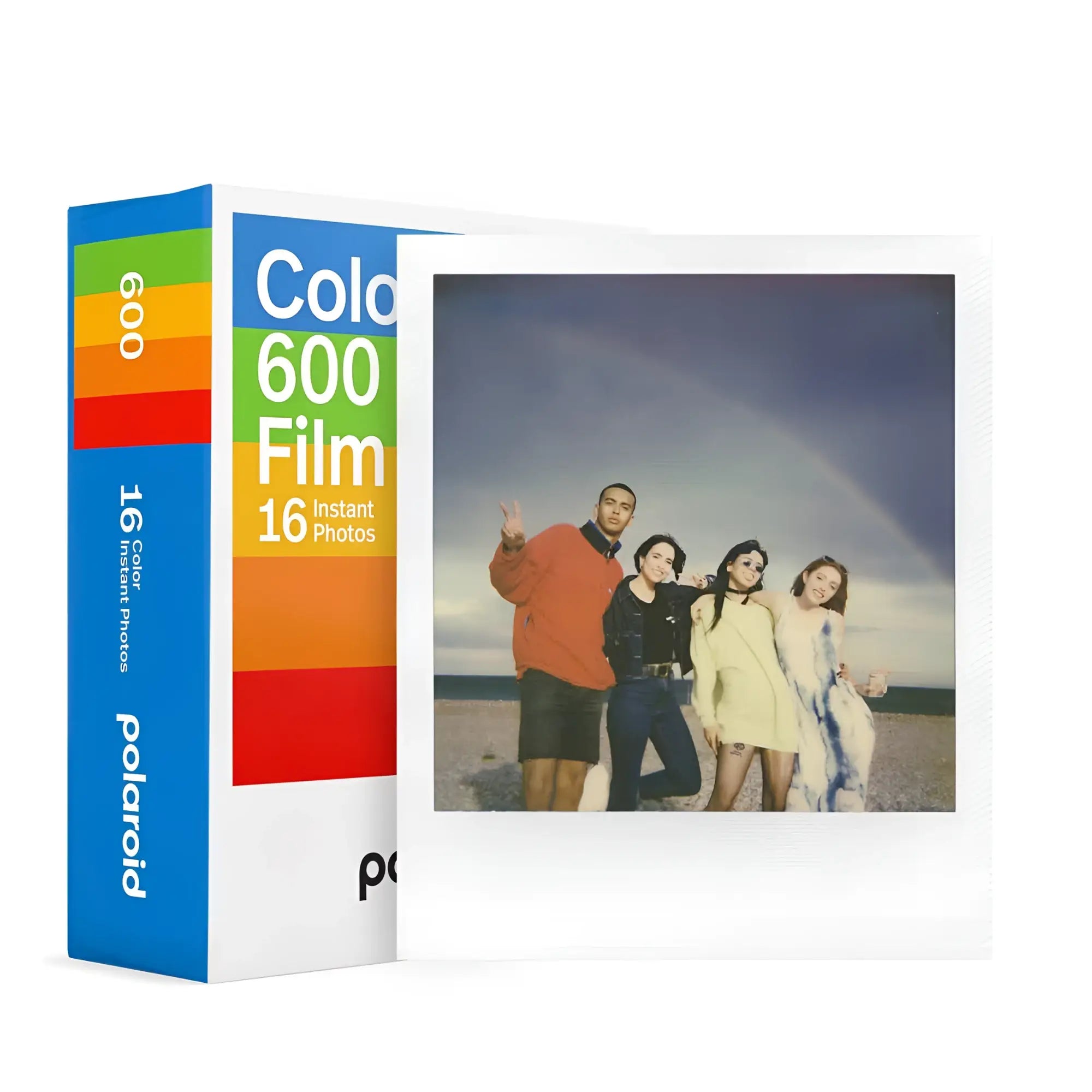 Polaroid color 600 film pack featuring a vibrant rainbow-striped design and an instant photo of four people under a dramatic sky.