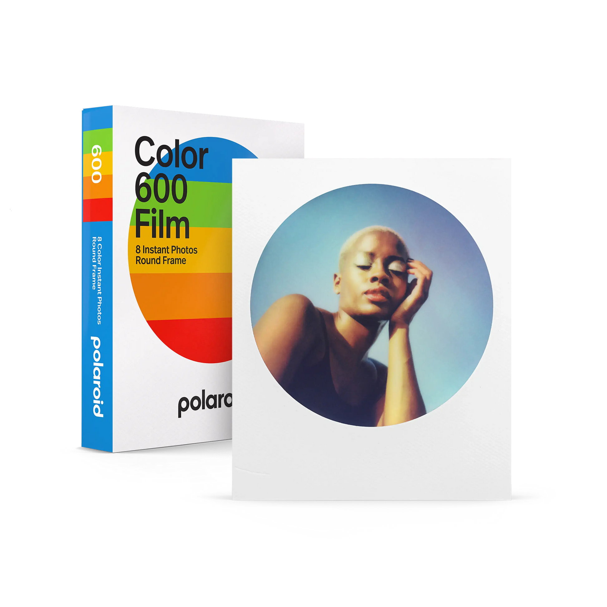 Polaroid Color Instant Film for 600 with round frame, featuring 8 exposures for vibrant instant photos.