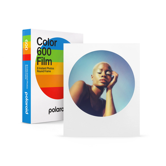 Polaroid Color Instant Film for 600 with round frame, featuring 8 exposures for vibrant instant photos.