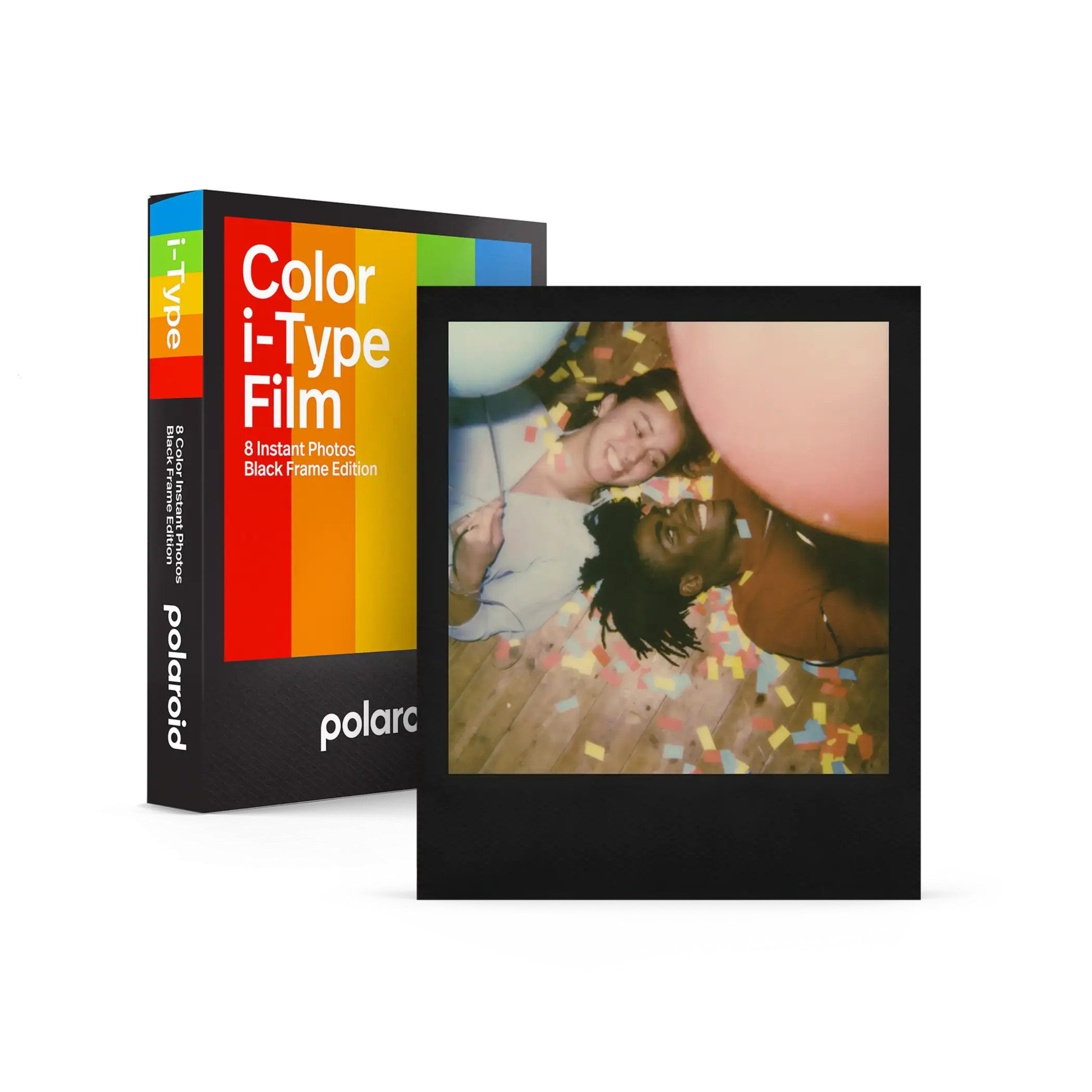 Polaroid Color i-Type Film - Black Frame Edition with instant photo of friends celebrating.