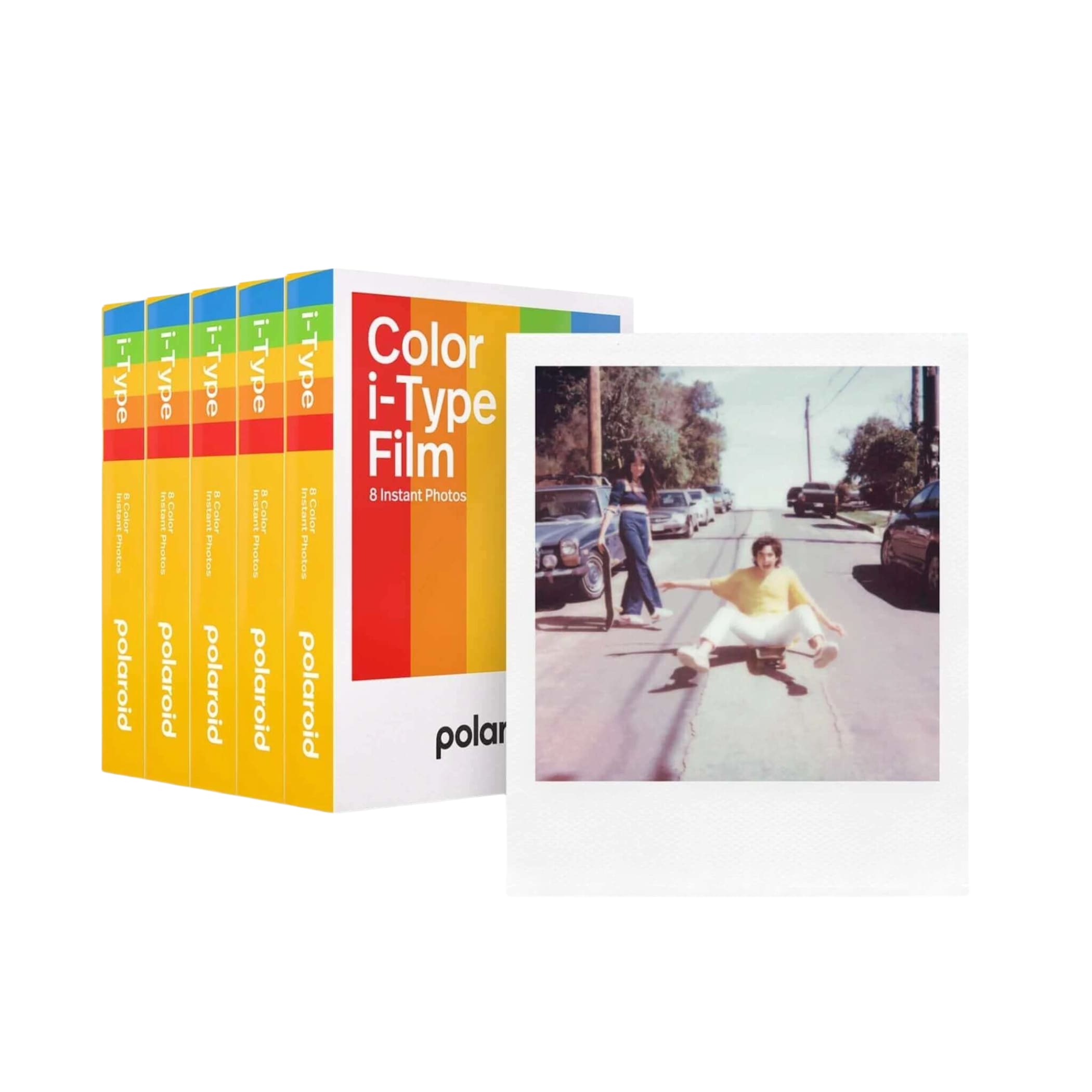 Polaroid color i-type film pack with rainbow-striped boxes and a sample instant photo.