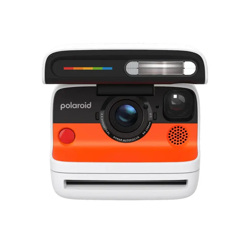 Polaroid 600 instant camera in white, black, and vibrant orange with a rainbow-colored flash indicator.