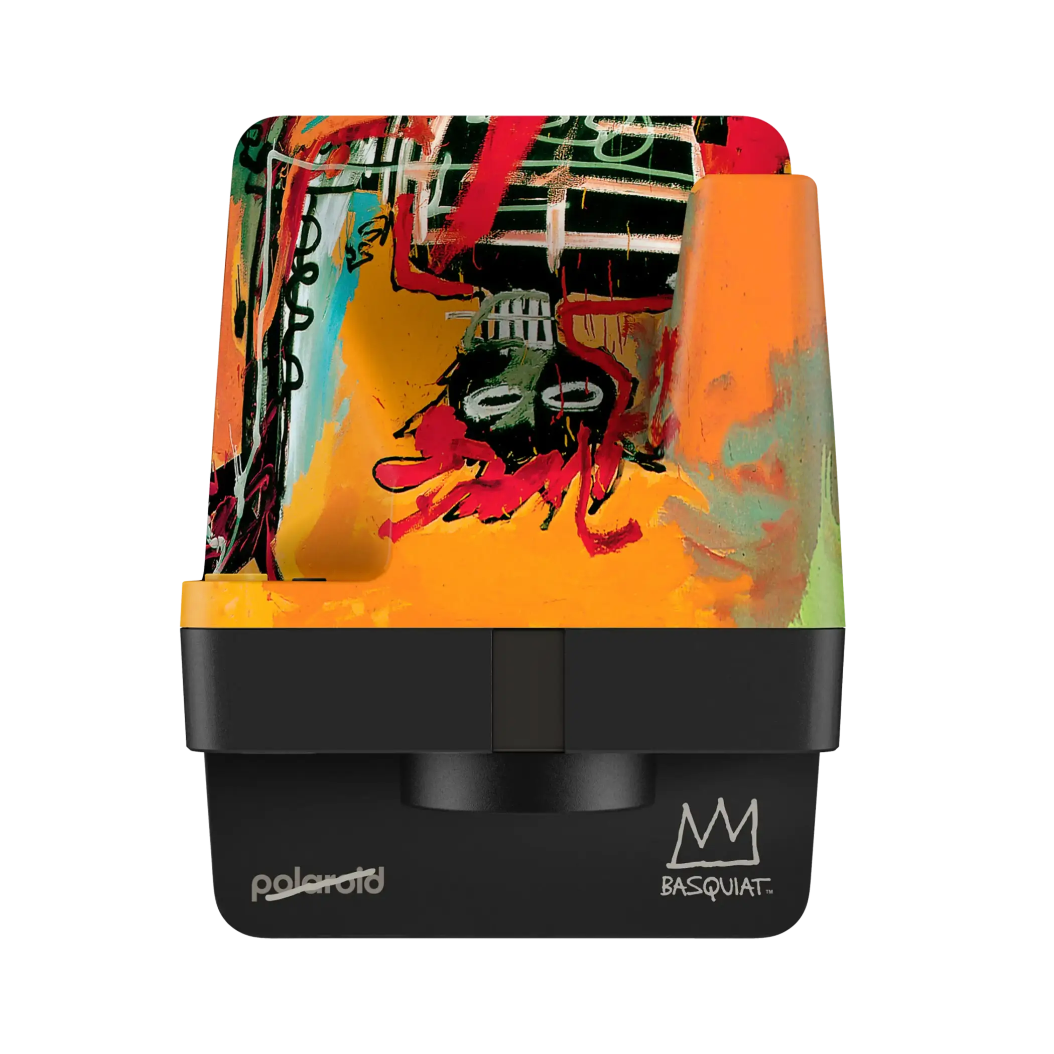 Polaroid instant camera featuring a vibrant, graffiti-style artwork with bold reds, oranges, and greens over a black base.