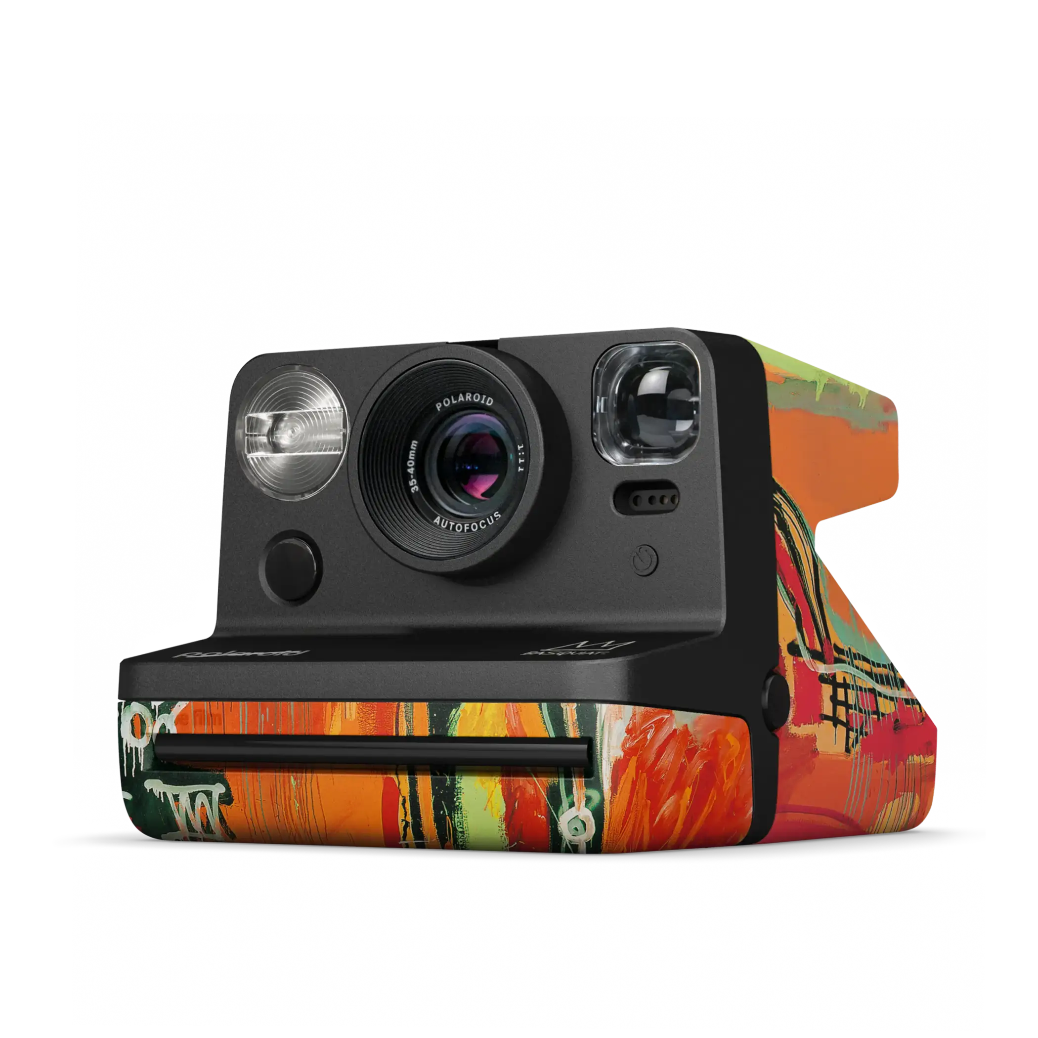 Polaroid 600 instant camera with a vibrant, abstract graffiti-style design in orange, green, and red hues on its body.