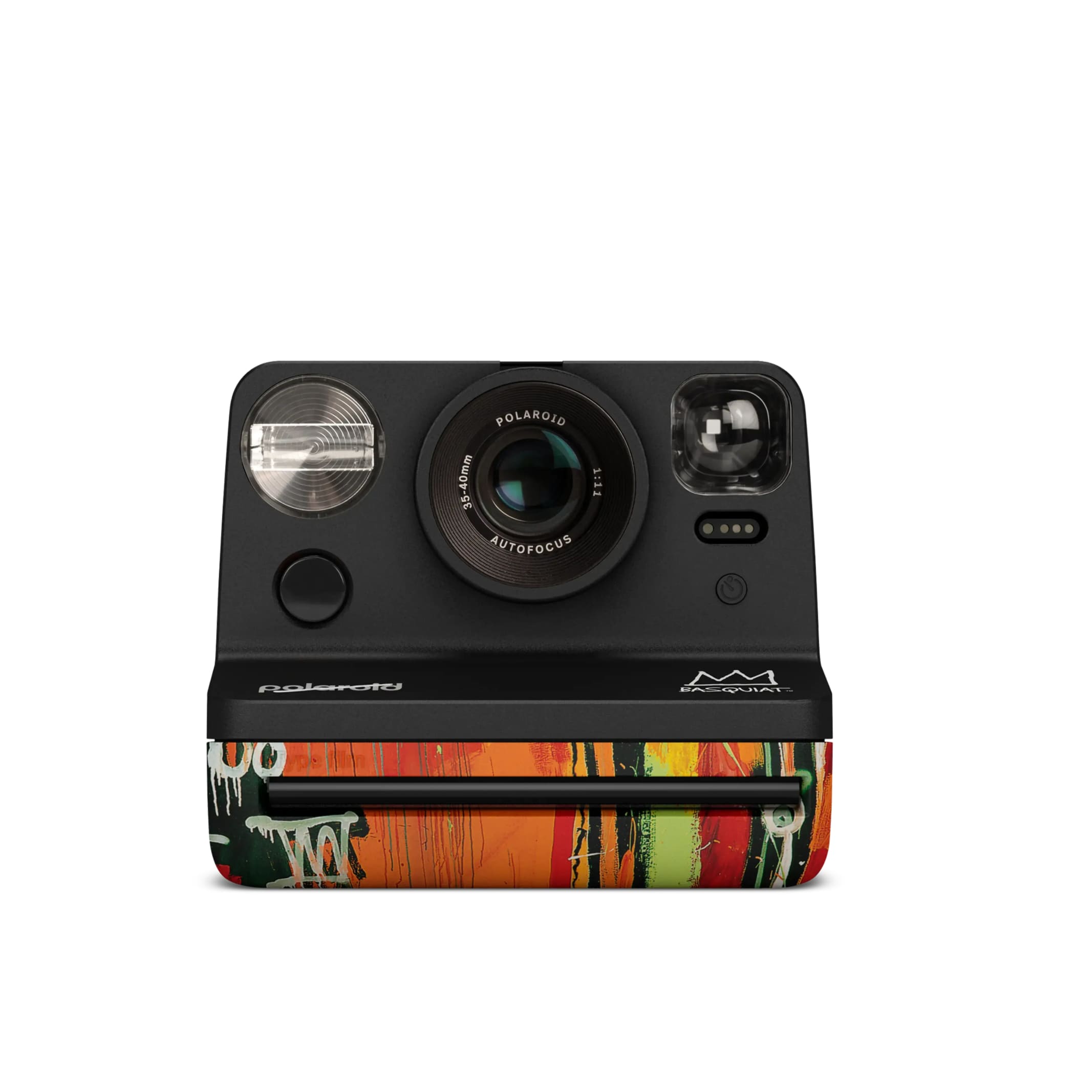 Black polaroid m600 instant camera with a vibrant graffiti-style design on its lower half.