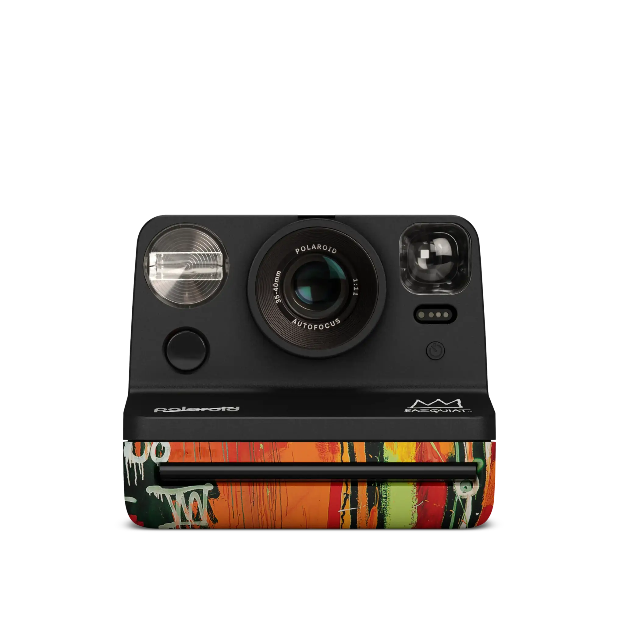Black polaroid m600 instant camera with a vibrant graffiti-style design on its lower half.