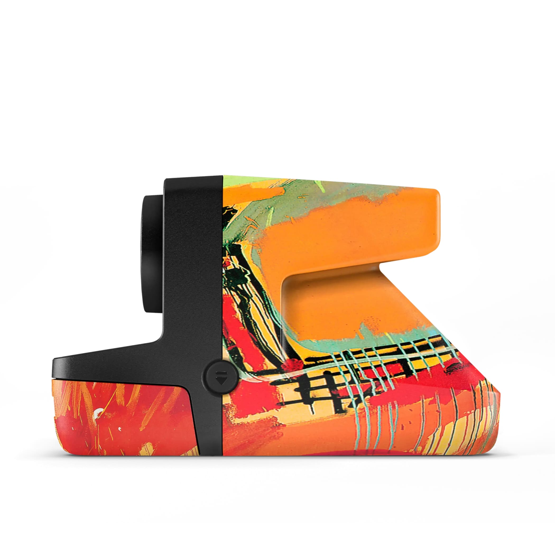 Vibrant abstract paint-splatter design adorns the side of a black-framed camera.