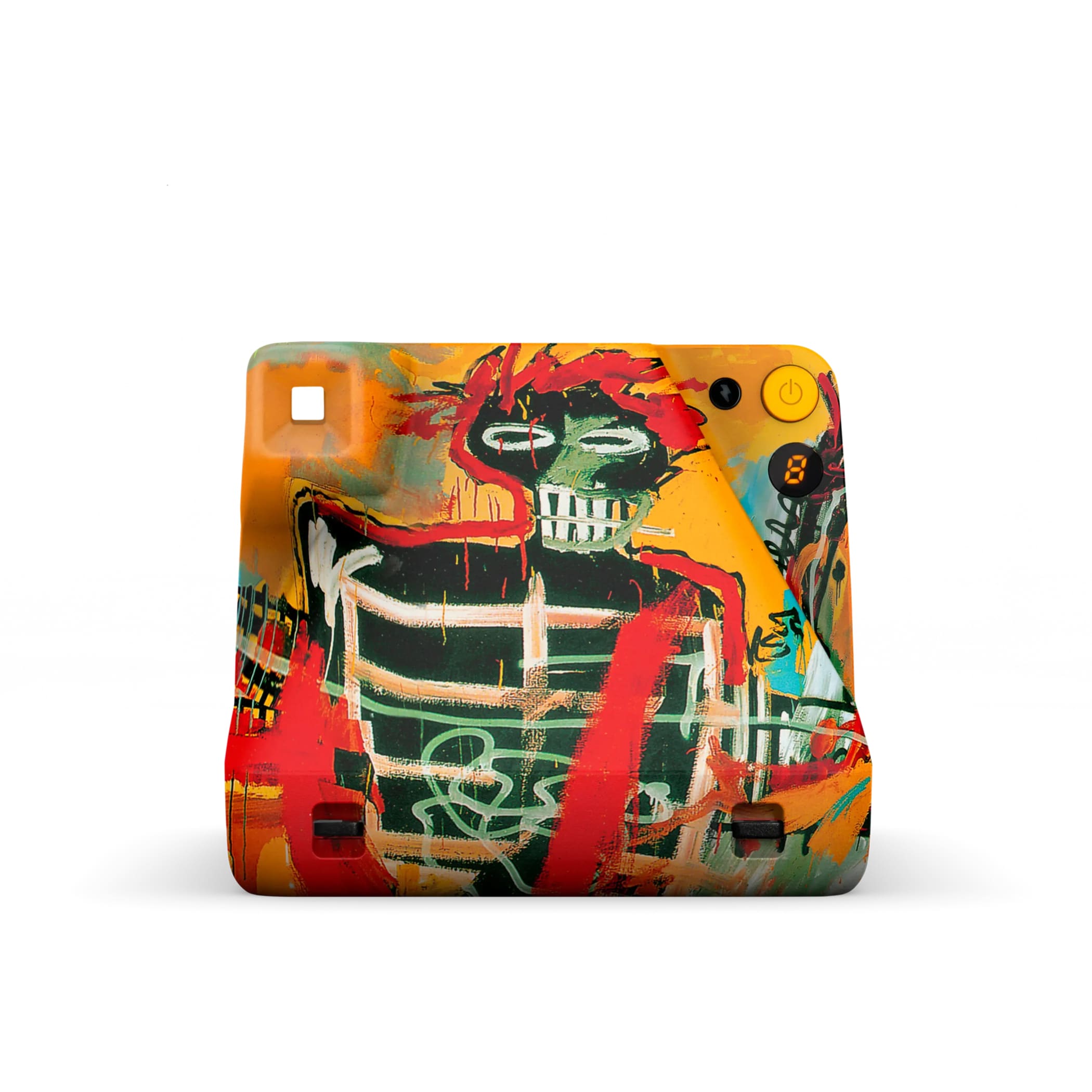 Vibrant graffiti-style camera skin featuring bold red, green, and orange splashes over a stylized skull design.