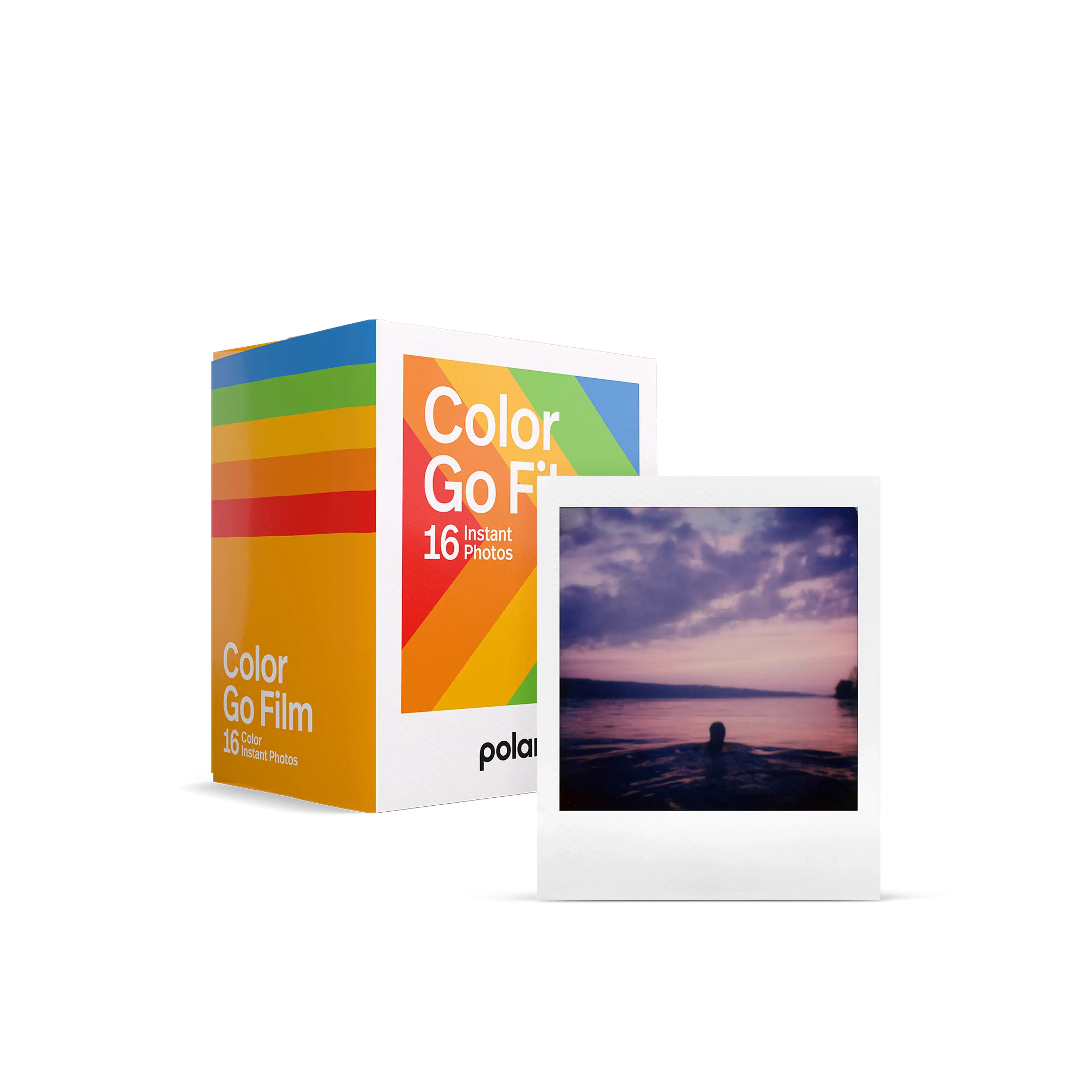 Polaroid Go color instant film double pack with 16 photos, showcasing an instant photo and vibrant packaging.