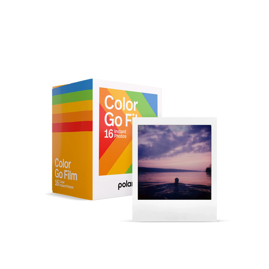 Polaroid Go color instant film double pack with 16 photos, showcasing an instant photo and vibrant packaging.